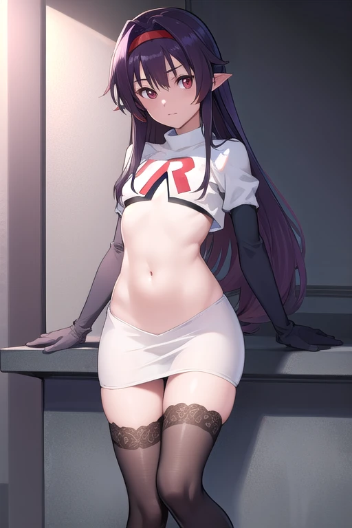 yuukikonno, yuuki konno, hairband, long hair, pointy ears, purple hair, (red eyes:1.5), (small breasts:1.2),
BREAK team rocket,team rocket uniform,white skirt,red letter R,crop top,black thigh-highs,black elbow gloves,
BREAK looking at viewer,
BREAK outdoors, forest, nature,
BREAK (masterpiece:1.2), best quality, high resolution, unity 8k wallpaper, (illustration:0.8), (beautiful detailed eyes:1.6), extremely detailed face, perfect lighting, extremely detailed CG, (perfect hands, perfect anatomy),