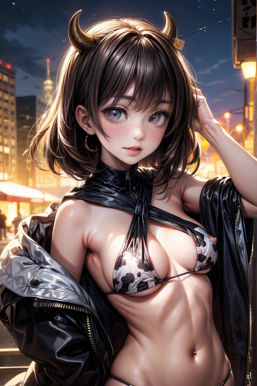 Face Focus, Portraiture, Glowing black eyes, Feminine style, One Girl, asymmetrical bangs, bangs, Black Hair, goodid, good, looking at the camera, smile, night, city, Bob Hair, abdomen, Red lips, Cow print stockings, alone, Are standing, goodid, ,Cow print bikini, Black and white underwear,Camel Toe、Super Big、Swelling nipples, perfect body line, beautiful kubire, beautiful, Mischievous face