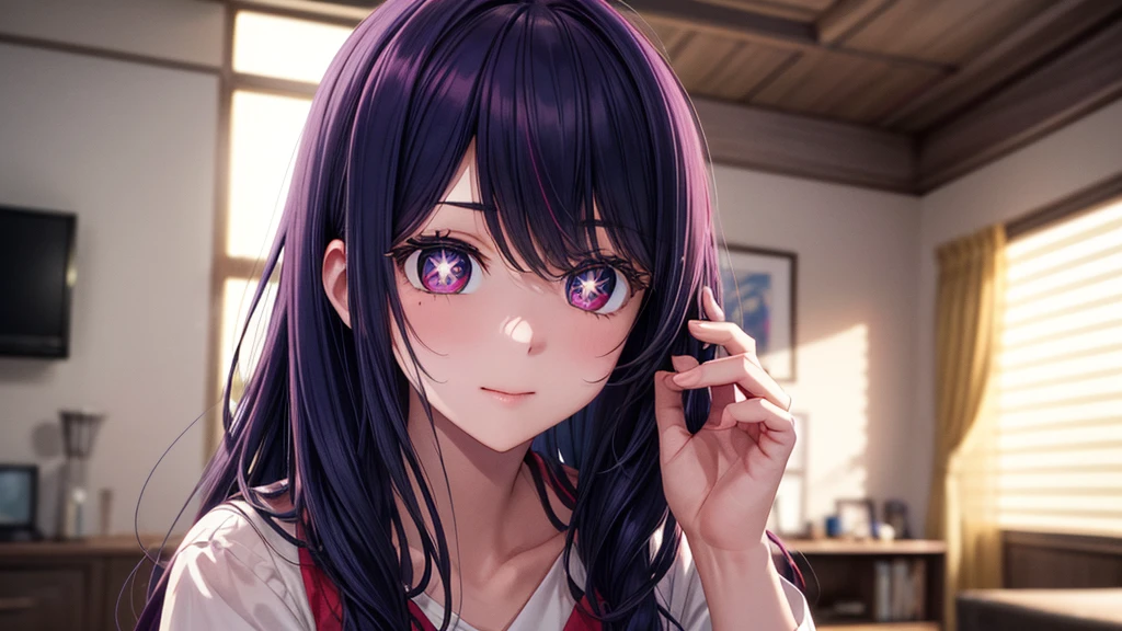 (8k, Ultra-high resolution, The best masterpiece, best quality:1.2), Very detailed, portrait, Half Body, side, focus on eyes, HD RAW photos, career arrest, High quality and beautiful, 超高清 8k 影像照片, confess, Professional photography, (actual, actual相片: 1.37), Very detailed的美麗女孩, Super delicate face shape, Contoured eyes, (Very detailed eyes), Delicate skin, (HD Skin:1.2), Neatly contoured fingers, (20:1.2), Twenty generations, cute girl, young beautiful mother, solo, Ai Hoshino, Hoshino Ai, Permanent, (Wearing home clothes), Vibrant look, (Layperson, Living room), Dynamic dark purple long hair, shiny purple eyes, (Star-shaped pupil:1.5), one hand raised, Sensual, Exuding motherly love, perfect anatomy, Detailed background, HD Background, Volumetric lighting, actual, stunning details, 8k Ultra HD, high quality, CG unity, C4D Rendering, 3D Rendering, Octane Rendering,