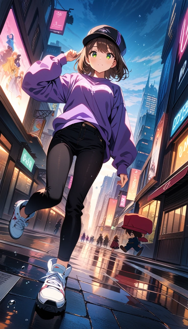 A girl is breakdancing on the street in an anime style, she has brown hair and green eyes, wearing black pants with white shoes, a purple shirt with long sleeves and a cap hat. The background features buildings, city streets, city lights, water drops flying around her. The art has a detailed character design in the style of anime with a high resolution photography, natural light, wide angle shot, and high quality photo. --ar 5:7 --niji 6, ((32k)), ((best quality)), ((ultra high res)), ((HDR)), ((UHD)), ((extremely detailed CG)), ((unity 32k wallpaper)), ((perfect anatomy)), 