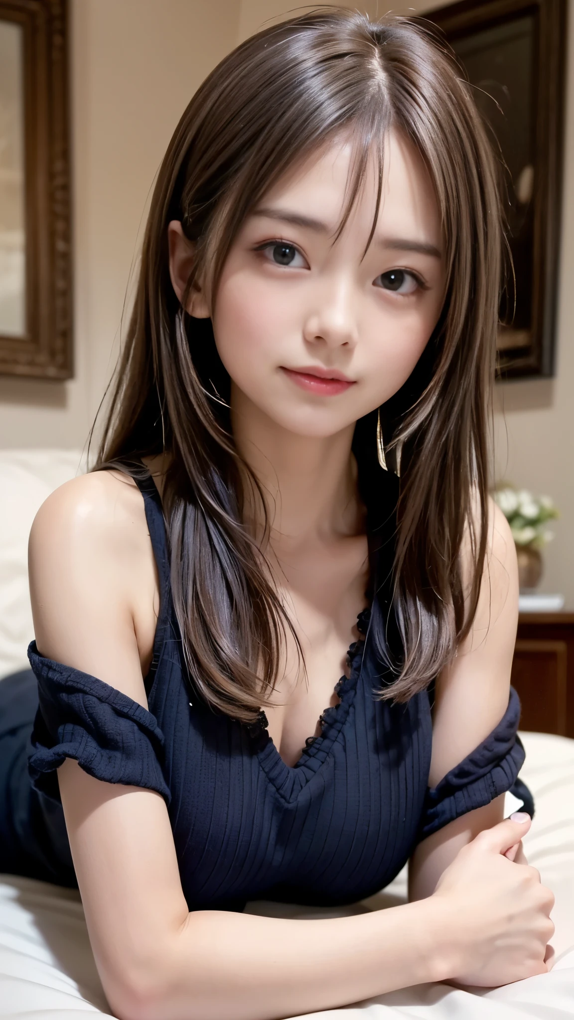 (((A beautiful -yeld giA single photo、from the front、Lying in bed and staring at the opposite sex to seduce:1.1、Lying face down with arms folded:1.3)))、blush、((Cute appearance々I can see the colored clothes:1.3))、((Detailed eyes and face:1.2、Professional photography techniques))、(Correct hands and arms:1.2)、((Face and bust portrait:1.2))、(Detailed arms:1.4)、(Proper prone position:1.2)