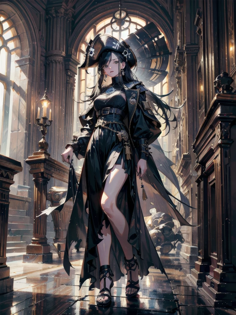 absurdres, RAW photo, extremely delicate and beautiful, masterpiece, Best Quality, ultra high resolution, 32k, hyperrealistic, ultra-detailed, Very detailed CG 8k wallpaper, detailed background, landscape, Beautiful Lighting, Perfect Lightning, Realistic Shadows, perfect anatomy, anatomically correct, perfect figure, Perfect Style, Perfect balance, super Detailed skin, in her 30s, very Slim body, narrow waist, very small head, very small face, delicate facial features, handsome detailed woman, very detailed eyes and face, realistic face proportions, Realistic beautiful face, Realistic beautiful eyes, tearful mole, earring, whole body shot, very huge round tits, medium hair, asymmetrical hair, indoor, Practical pirate clothing, Long-sleeved pirate top, Skirt, torn pirate hat,
