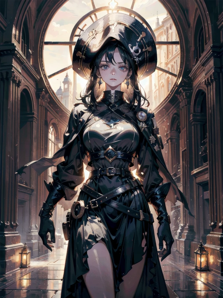 absurdres, RAW photo, extremely delicate and beautiful, masterpiece, Best Quality, ultra high resolution, 32k, hyperrealistic, ultra-detailed, Very detailed CG 8k wallpaper, detailed background, landscape, Beautiful Lighting, Perfect Lightning, Realistic Shadows, perfect anatomy, anatomically correct, perfect figure, Perfect Style, Perfect balance, super Detailed skin, in her 30s, very Slim body, narrow waist, very small head, very small face, delicate facial features, handsome detailed woman, very detailed eyes and face, realistic face proportions, Realistic beautiful face, Realistic beautiful eyes, tearful mole, earring, whole body shot, very huge round tits, medium hair, asymmetrical hair, indoor, Practical pirate clothing, Long-sleeved pirate top, Skirt, torn pirate hat,
