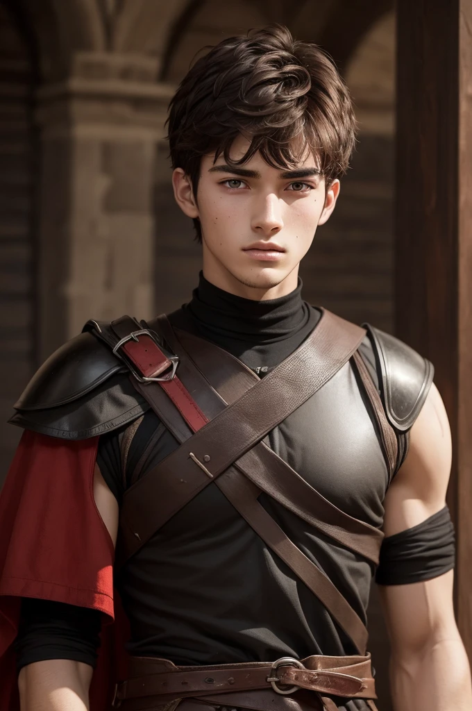 Man 21 years old, with 1,50 tall,one red and one black eye, dark brown hair that hits the shoulder, black clothes with red details, some fully healed scars and medium dark brown skin in medieval style 