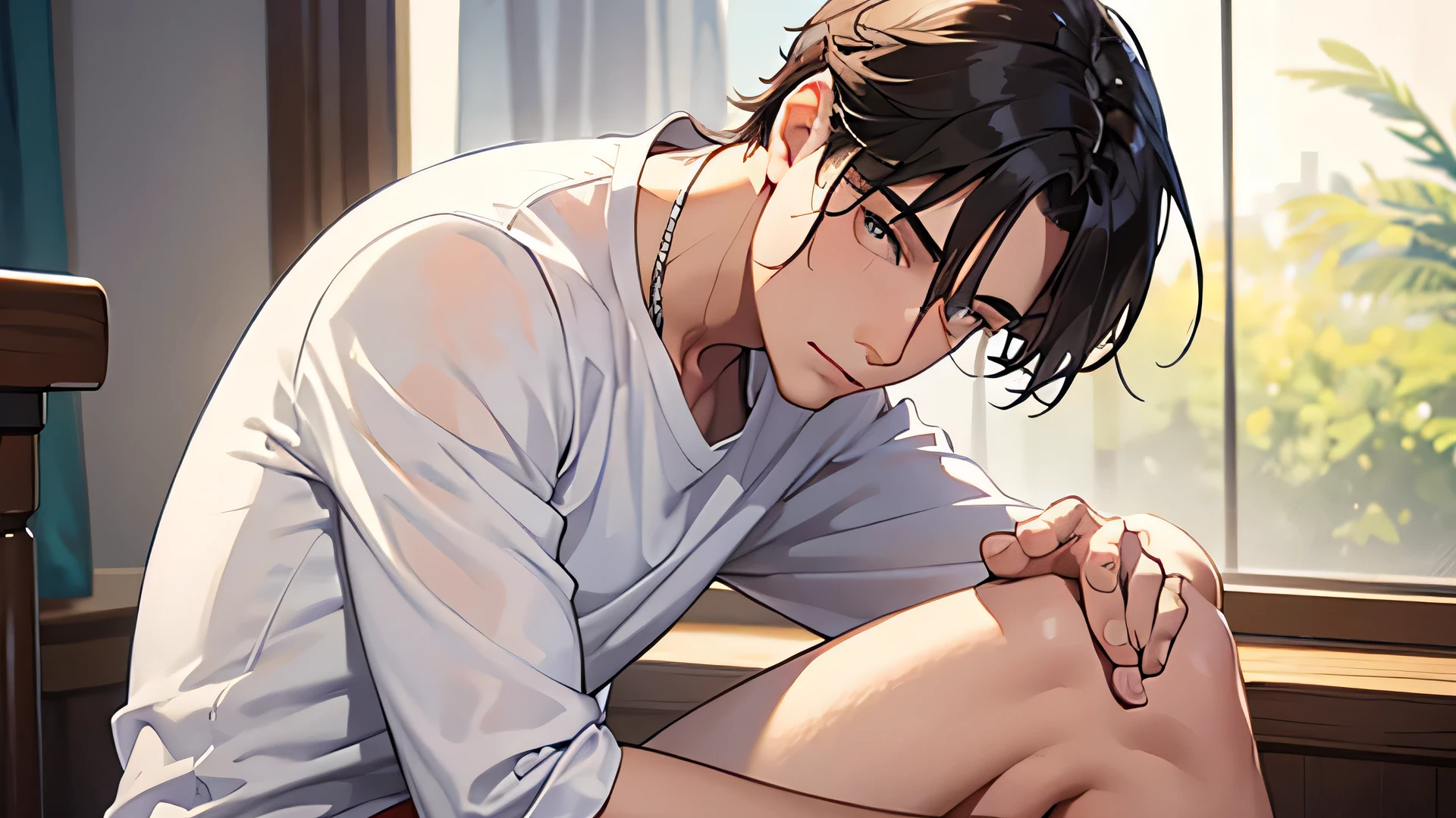 A cool, sexy man sitting on one knee。Sweat。Upper body naked。White shirt。