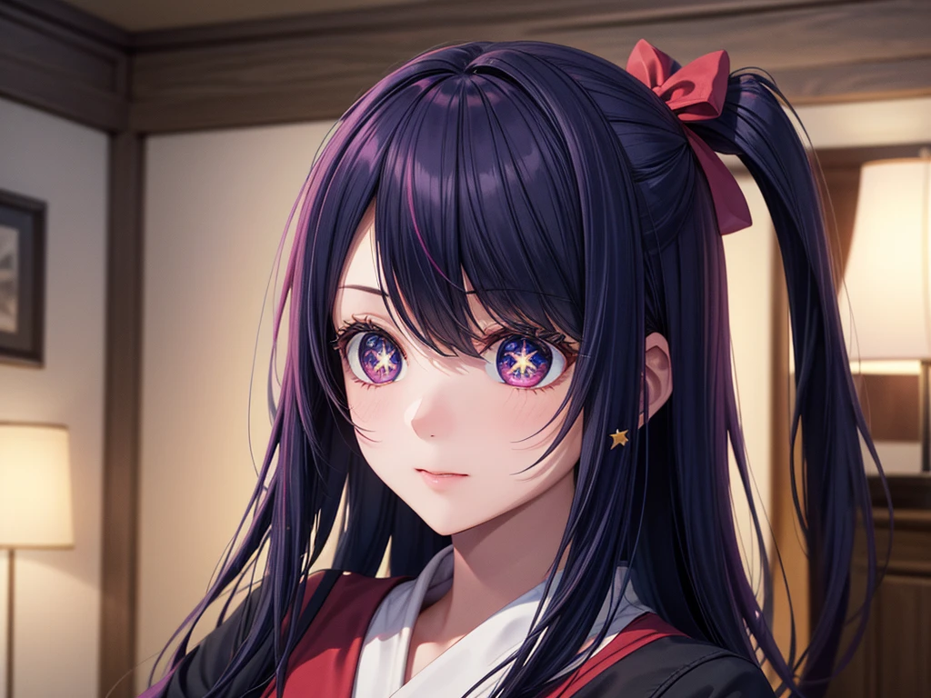 (8k, Ultra-high resolution, The best masterpiece, best quality:1.2), Very detailed, portrait, Half Body, side, focus on eyes, HD RAW photos, career arrest, High quality and beautiful, 超高清 8k 影像照片, confess, Professional photography, (actual, actual相片: 1.37), Very detailed的美麗女孩, Super delicate face shape, Contoured eyes, (Very detailed eyes), Delicate skin, (HD Skin:1.2), Neatly contoured fingers, (20:1.2), Twenty generations, cute girl, young beautiful mother, solo, Ai Hoshino, Hoshino Ai, Permanent, (Wearing home clothes), Vibrant look, (Layperson, Living room), Dynamic dark purple long hair, shiny purple eyes, (Star-shaped pupil:1.5), one hand raised, Sensual, Exuding motherly love, perfect anatomy, Detailed background, HD Background, Volumetric lighting, actual, stunning details, 8k Ultra HD, high quality, CG unity, C4D Rendering, 3D Rendering, Octane Rendering,