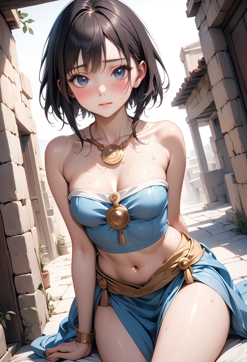 Ancient Greek Art, (((Ancient Greek Costume))), (Navel), skindentation, skinny, solo, 1 woman, Masterpiece, highest quality, highest quality, 16K, incredibly absurd, highly detailed, 2.5D, ai-generated, delicate and dynamic, very delicate facial expressions, delicate eye depiction, erotic, only sexy woman, ((A cute and kind face)), healthy figure, ((25-year-old woman)), 160cm tall, ((medium firm swaying bust)), blush, Sweat,Embarrassed,sexy, ((thin thighs)), (camel toe:0.7), (visible nipples:0.5), (Erect nipples,:0.7), shiny and lustrous, facing straight at viewer,  (((in heat))), ((Oily_skin)), ((dutch angle)), ((erotic pose)), ((one keene)), Inside an ancient Greek town,