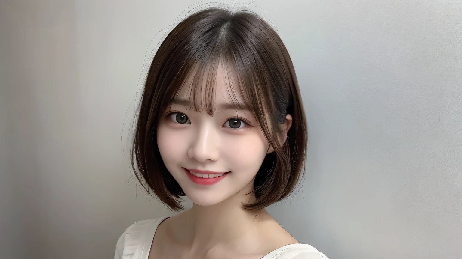 white background, bust shot, tabletop, looks happy, smile, short hair, highest quality, shape, Super detailed, finely, High resolution, 8k wallpaper, Perfect dynamic shape, beautiful and detailed eyes, D cup, natural color lip,smile、20 year old girl, Beautiful and dense face、perfect and beautiful face,Big eyes、real photos（best image quality）, business casual (off white)、looking at camera、Please stand、Do gal makeup