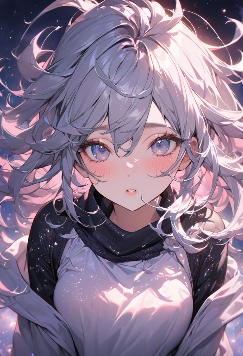 images above the bust, beautiful woman, make-up, amorous and lewd face, lift your chin, open your eyes and look up at the sky, mouth half open, sighing, messy hair, wearing loose size clothing, great proportion, (ultra detailed, absolutely resolution, best quality:1.3), 2.5D, delicate and dynamic, portrait art, foggy effects, glitter effects