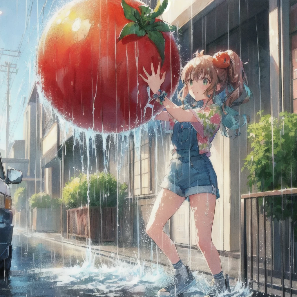 Anime girl holding giant tomato in the rain, smile,Tomato Monster, シリル・ロランドとGoro Fujita, Realistic Anime 3D Style, Kuvisiato, Great food illustrations, 80s anime style,Ghibli art style, 3D spectacular illustration, Japanese manga style, Goro Fujita, Makoto Shinkai Cyril Rolland, Anime 3D Art