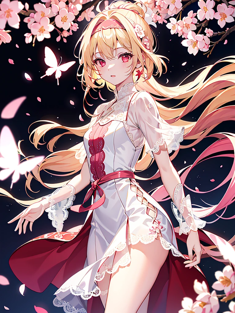 (CG unity 8k wallpaper extremely detailed) (better quality) (better lighting) (an extremely delicate and beautiful) (floating) (beautiful) (spring atmosphere) (1girl) (long blond hair), (hair headband), (detailed and beautiful red eyes), ((very short white dress, pink lace underside), (lace), ((light transparent silk))), (cherry blossom petals), (butterflies), (dof), (volumetric light) cinematic lighting, chromatic aberration, Sony FE GM, textured skin, high details, highres, 8k