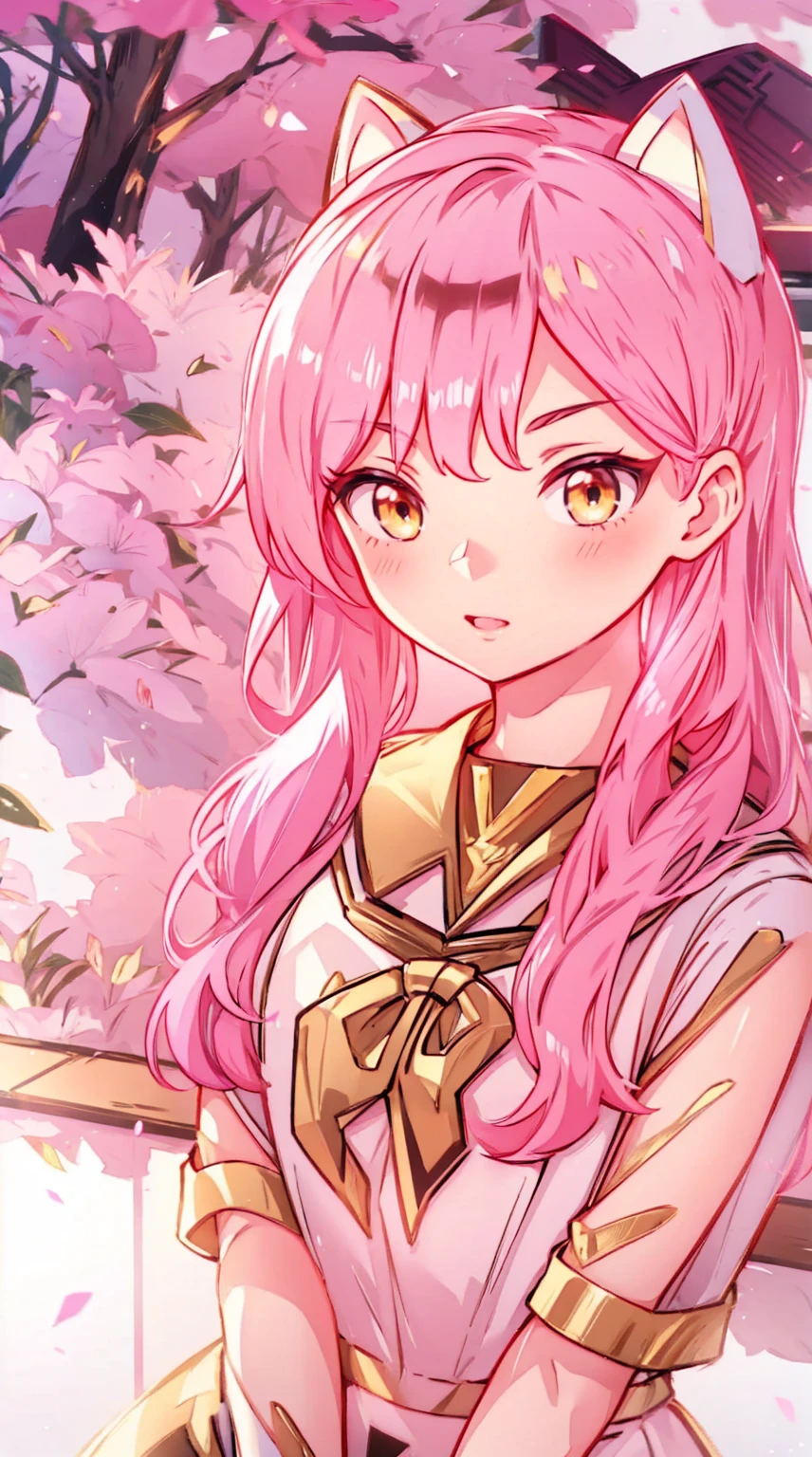 An anime girl with cat ears. Fake cat ears, and the cat ears are gold-rimmed on the head, long pink hair, very long hair, bright pink hair, white miniskirt with gold belt, She wears white gloves on her hands, pinker BH pinker Tanger, around the neck a golden collar, View to the viewer, 
sexly,, cute face",,