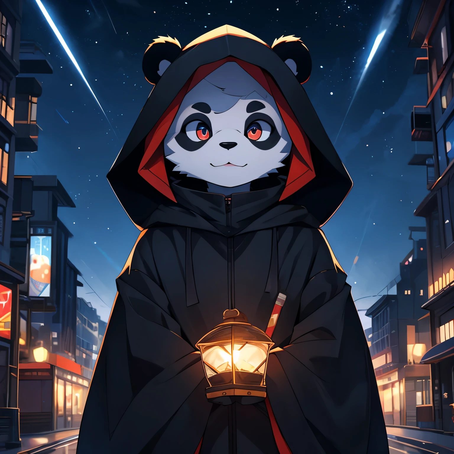 a panda, wearing long black hood, city wallpaper anime at night sky, absurdres, high res, 8K, masterpiece, looking at viewer