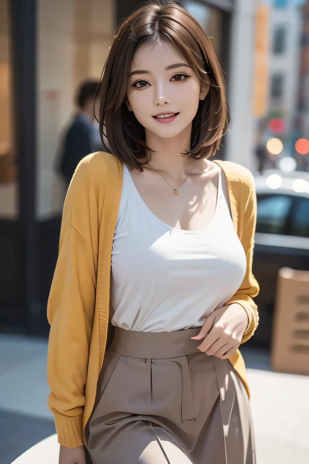 (1 Ultimate Beauty), (Beautiful face with detailed shading), whole body, 40s, (Big Breasts), Beaver, Brown eyes, (Pink Cardigan), Open cardigan, White camisole blouse, (Yellow pleated skirt), Are standing,  (Tabletop)), ((Highest quality)), (Very detailed), ((Fascinating)), ((Very detailed)), 4K, (8k), Highest quality, (beautiful), (((World Class Quality))), Very detailed, High resolution,