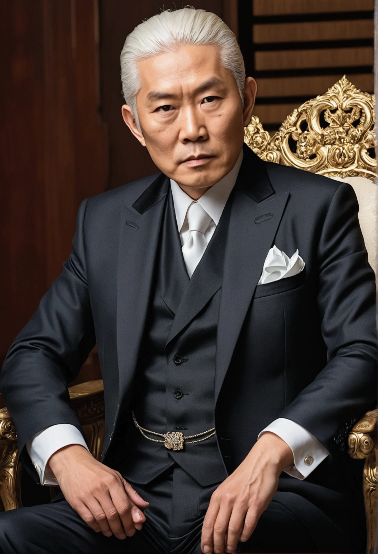 A photo of 35 asian man engaged in a high-stakes negotiation with business rivals,original,gentleman with vest, the fictional patriarch in “Succession,” possesses a commanding presence, characterized by his tall stature, sharp suits that speak to his power and wealth, and an often stern, unyielding facial expression. His aging appearance, marked by a full head of white hair and a penetrating gaze, adds to his intimidating demeanor., male