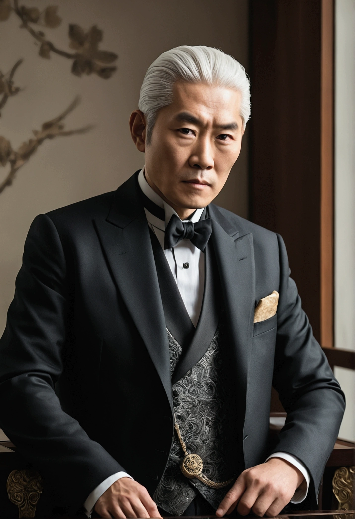 A photo of 35 asian man engaged in a high-stakes negotiation with business rivals,original,gentleman with vest, the fictional patriarch in “Succession,” possesses a commanding presence, characterized by his tall stature, sharp suits that speak to his power and wealth, and an often stern, unyielding facial expression. His aging appearance, marked by a full head of white hair and a penetrating gaze, adds to his intimidating demeanor., male