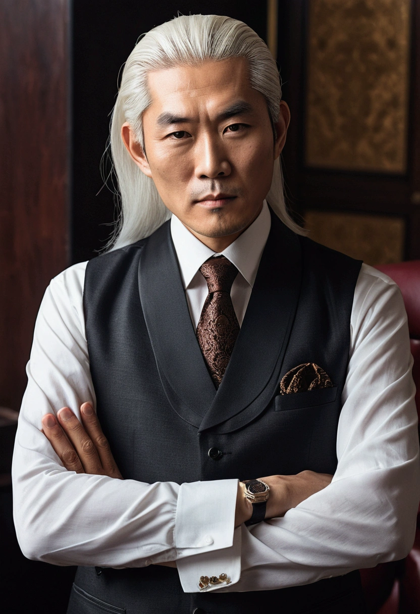 A photo of 35 asian man engaged in a high-stakes negotiation with business rivals,original,gentleman with vest, the fictional patriarch in “Succession,” possesses a commanding presence, characterized by his tall stature, sharp suits that speak to his power and wealth, and an often stern, unyielding facial expression. His aging appearance, marked by a full head of white hair and a penetrating gaze, adds to his intimidating demeanor., male