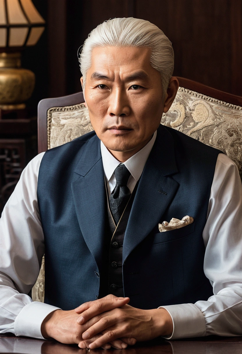 A photo of 35 asian man engaged in a high-stakes negotiation with business rivals,original,gentleman with vest, the fictional patriarch in “Succession,” possesses a commanding presence, characterized by his tall stature, sharp suits that speak to his power and wealth, and an often stern, unyielding facial expression. His aging appearance, marked by a full head of white hair and a penetrating gaze, adds to his intimidating demeanor., male
