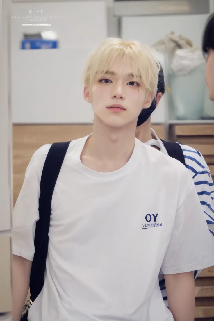 a close-up of a person with a white shirt and blonde hair, Sunoo\fleshy lips, accurate Sunoo face, Sunoo\the right eyelid is swollen, Sunoo\the Greek nose, Kim Sunoo, Sunoo, adorable and pale korean face, your eyes seem wise,
