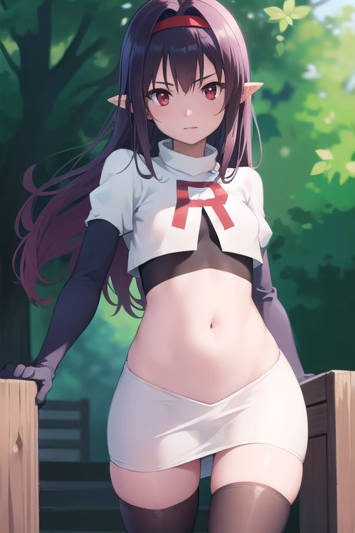 yuukikonno, yuuki konno, hairband, long hair, pointy ears, purple hair, (red eyes:1.5), (small breasts:1.2),
BREAK team rocket,team rocket uniform,white skirt,red letter R,crop top,black thigh-highs,black elbow gloves,
BREAK looking at viewer,
BREAK outdoors, forest, nature,
BREAK (masterpiece:1.2), best quality, high resolution, unity 8k wallpaper, (illustration:0.8), (beautiful detailed eyes:1.6), extremely detailed face, perfect lighting, extremely detailed CG, (perfect hands, perfect anatomy),