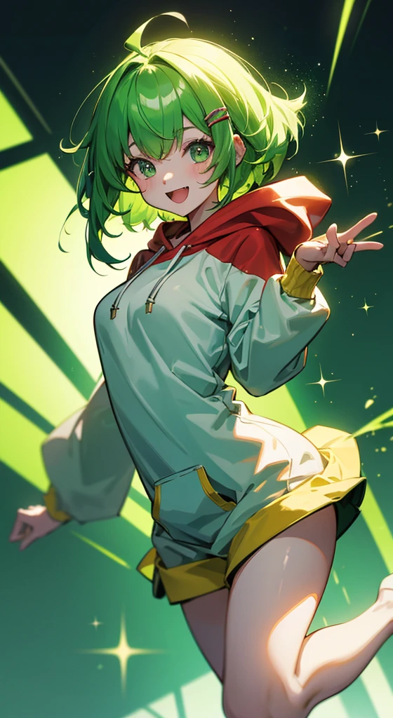 Cheerful girl、Light green hair, Red round hair clip, Jumping around, Light green clothes, Oversized hoodie、, cinematic lighting, sparkle, UHD, high details, highres, best quality, 8k