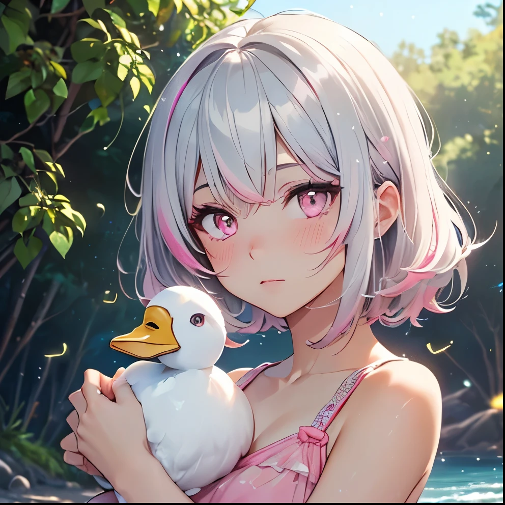 (((Best quality))), (((Ultra detailed))), 1 girl, ((((vivid)))),(((beautiful detailed hair, medium hair, silver pink hair, pink highlights))), (((pink eyes))), raining, viewing from forward:1.4, (blush), swimsuit, ((holding stuffed duck)), yellow duck, beach, blue sky, sea, ((fireflies, sunshine, particles)), starrystarscloudcolorful
