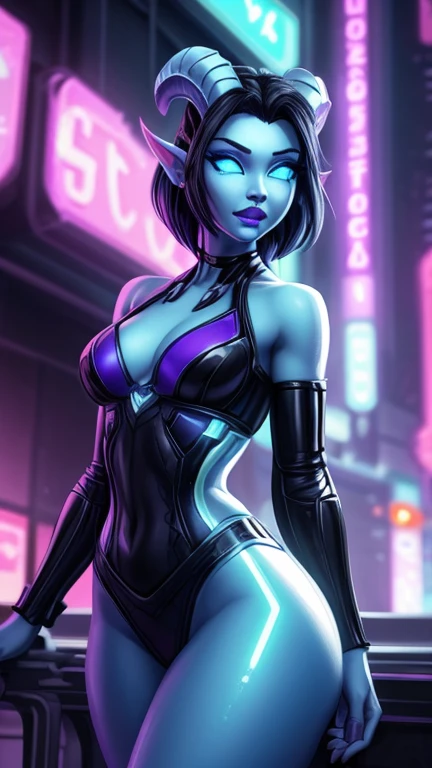 ((ultra quality)), ((masterpiece)), girl - draenei, world of warcraft, ((black short bob hair)), (earrings in the ears), (there are draenei neon horns), (beautiful cute face), (beautiful female lips), charming, ((sexy facial expression)), looks at the camera, eyes slightly open, (skin color blue), (blue skin), glare on the body, ((detailed beautiful female eyes)), ((blue neon eyes)), (juicy female lips), (black eyeliner), (beautiful female hands), ((ideal female figure)), ideal female body, beautiful waist, Gorgeous thighs have a draenei tail, beautiful medium breasts, ((subtle and beautiful)), stands temptingly (), (cyberpunk clothing neon) background: draenei city of the future purple neon cyberpunk, ((depth of field)), ((high quality clear image)), (clear details), ((high detail)), realistically, professional photo session, ((clear focus)), anime