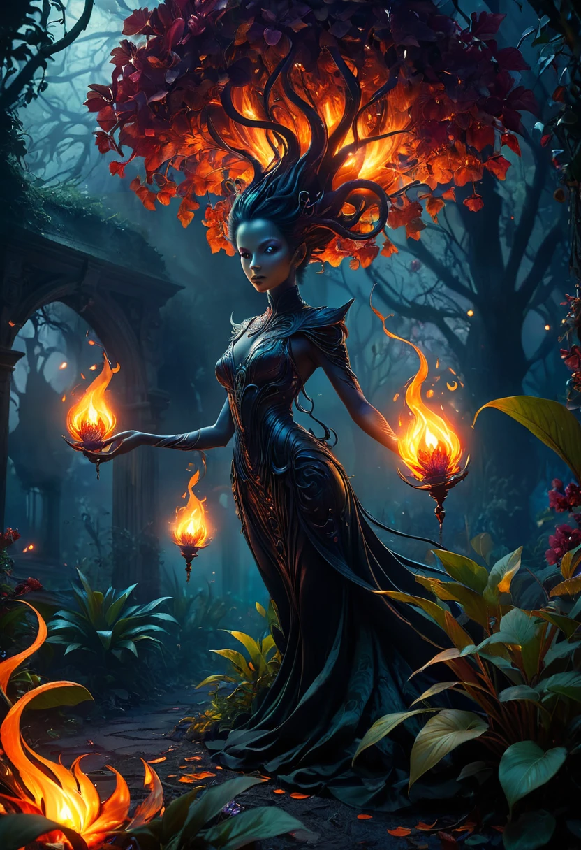 best quality,highres,masterpiece:1.2,ultra-detailed,realistic:1.37,horror,flaming magic,otherworldly plants,burning flames,luminous foliage,enchanted garden,mystical atmosphere,sinister shadows,haunting beauty,eerie glow,intense colors,dark aura,unearthly vines,fiery tendrils,dancing embers,alien landscape,ethereal flowers,magical energy,surreal scenery,shadowy figures,mysterious creatures,spellbinding illumination,unnatural growth,ominous presence,smoky haze,flickering light,spectral glow,intense heat,whispering flames,supernatural powers,glowing orbs,mystic spell,eerie ambiance,otherworldly beauty,spectral plants,transcendent vision