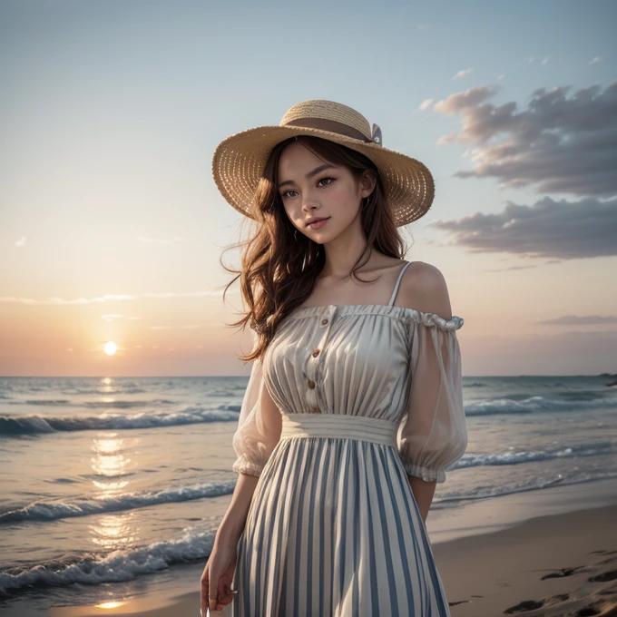 The image features a woman standing outdoors, with the background of a beach at sunset. The woman wears a wide-brimmed hat made of straw, which is light brown. The hat has a translucent and beige fabric ribbon that surrounds its base and hangs slightly, adding a soft touch to the composition. 

The woman has wavy, dark red hair, with loose curls framing her face. his complexion is clear, and his expression is serene, with a light smile. His eyes are large and light in color., possibly blue or green. She wears a vintage style dress, pale pink, with long puffed sleeves and vertical pleats on the shoulders and arms. The dress has buttons on the front and a closed round neck.

The background shows the sea and the sky, both bathed in warm tones of a sunset, with soft golden light. The lighting is natural, highlighting the details and textures of the face, woman&#39;s hat and dress. The overall composition is harmonious, with a balance of warm and cold colors, and a focus on the central figure. The image conveys a feeling of tranquility and elegance.
