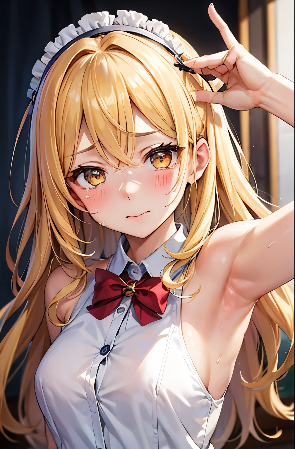 Tabletop, Highest quality、masterpiece、One Girl,Shoot a girl head-on, View your audience, cute, good, Mid-chest, Yellow Hair, Long Hair, Beautiful attention to detail, Embarrassing,blush,is crying,Put your hands on your head,Underarm, Sweaty,(Upper Body:1.3),,Toilet Background, ((spouse, Empowered))、((Underarm close-up:1.3))、((Shyness:1.3))、Emma'Luminance、((Visible nipples:1.5、Show off your nipples:1.5、Open shirt:1.3))