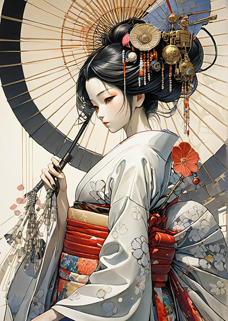 1 girl
mechanical arms
geisha
kimono
(art by Yoshitaka Amano )