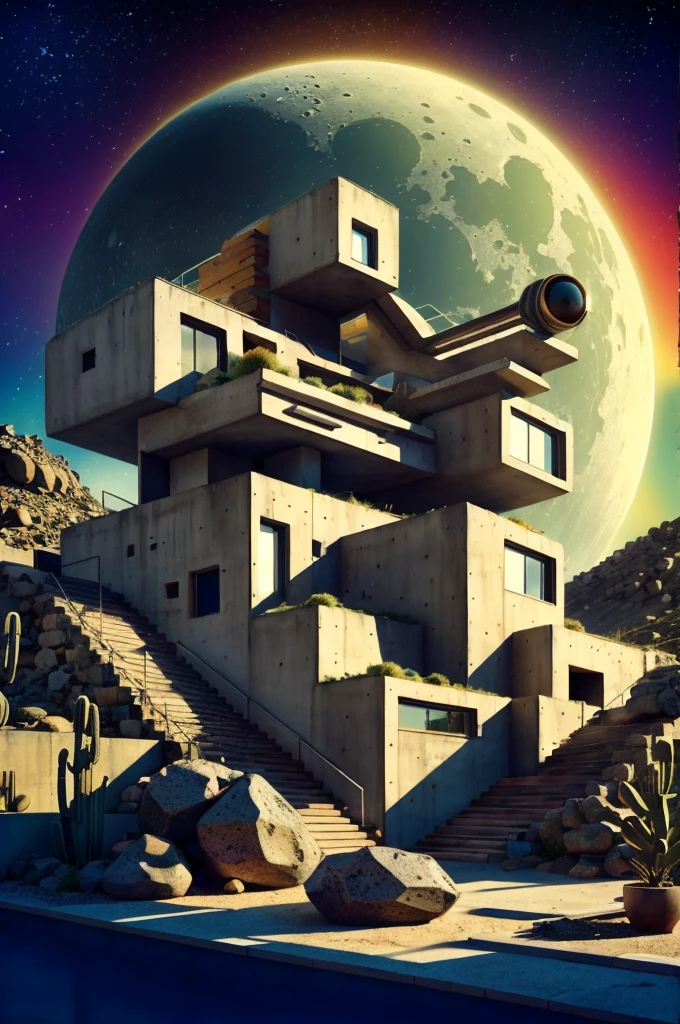 An illustration in collage style, with giant boulders, brutalist building sections, stairs, cacti, agave, concrete texture, multiple geometric shapes, hatch and cross hatching, planet saturn, volcano, moon, Luis Barragán's architectural style build