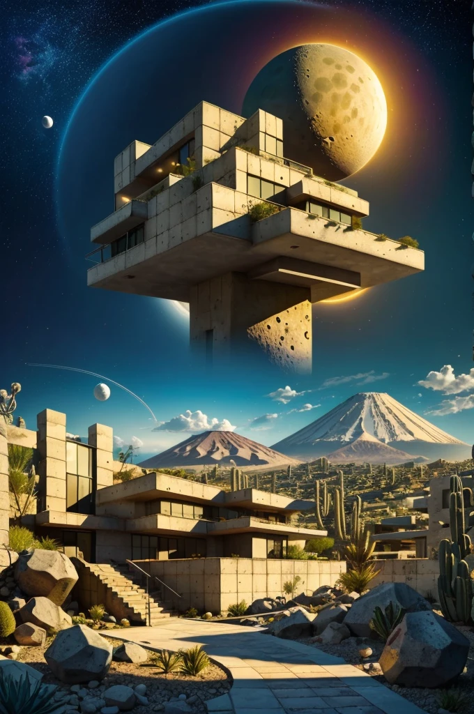 An illustration in collage style, with giant boulders, brutalist building sections, stairs, cacti, agave, concrete texture, multiple geometric shapes, hatch and cross hatching, planet saturn, volcano, moon, Luis Barragán's architectural style build