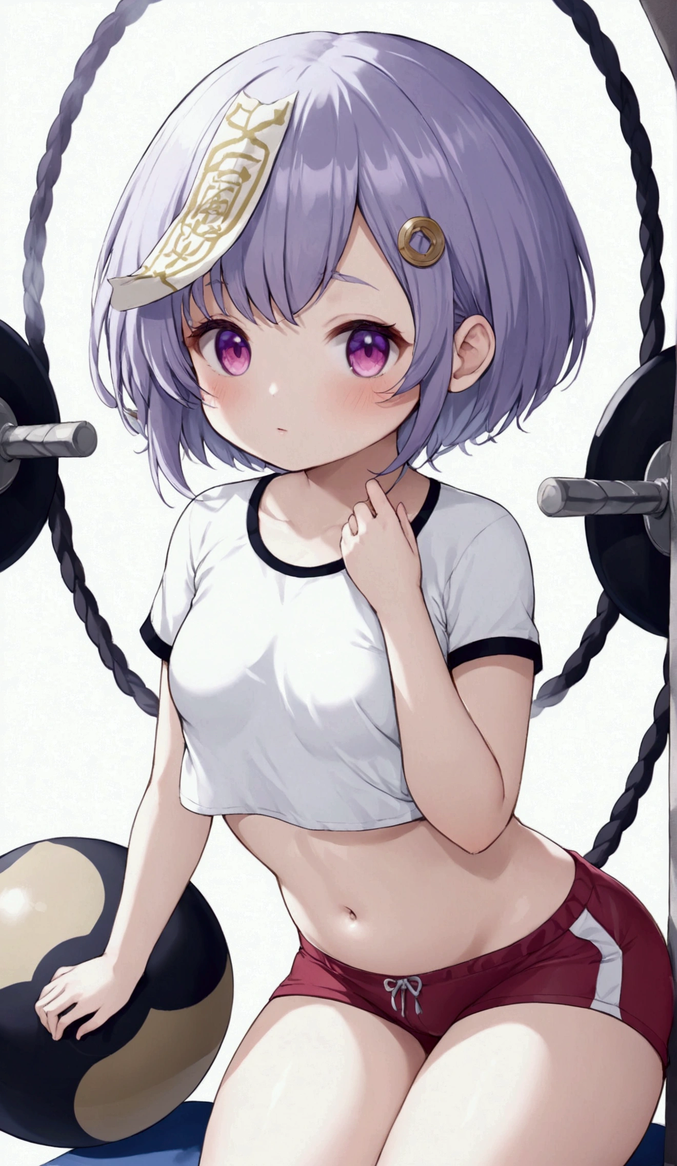 shiny skin, (lifting shirt), black panty, white t-shirt, unclothed, purple hair, rose eyes, short hair, naked, white background, smoll stature, flat cheast, flat tits, show pussy, unclothed. medium thighs, small breasts, 1 girl, one girl, small stomach, curvy waist, round butt, small belly, clear skin, 1 girl, cute girl, smoll tits, red shorts, show pussy, gym clothes, sitting, curvy waist, good butt, one girl, 1 girl, 1 girl