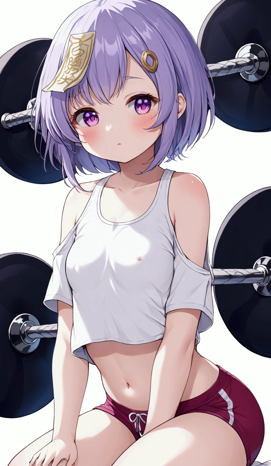 shiny skin, (lifting shirt), black panty, white t-shirt, unclothed, purple hair, rose eyes, short hair, naked, white background, smoll stature, flat cheast, flat tits, show pussy, unclothed. medium thighs, small breasts, 1 girl, one girl, small stomach, curvy waist, round butt, small belly, clear skin, 1 girl, cute girl, smoll tits, red shorts, show pussy, gym clothes, sitting, curvy waist, good butt, one girl, 1 girl, 1 girl