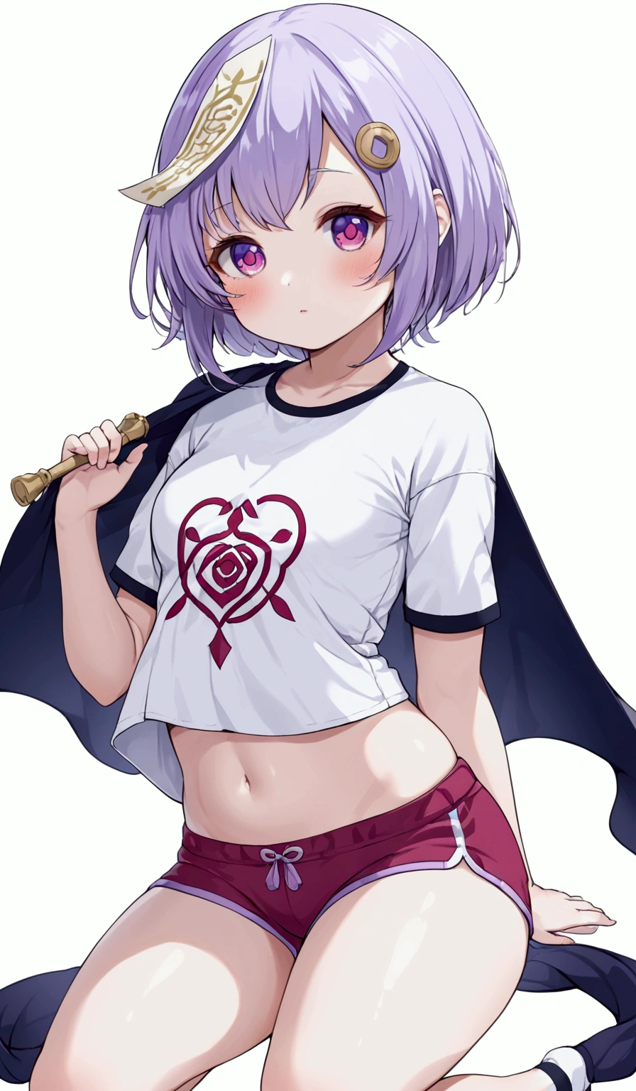 shiny skin, (lifting shirt), black panty, white t-shirt, unclothed, purple hair, rose eyes, short hair, naked, white background, smoll stature, flat cheast, flat tits, show pussy, unclothed. medium thighs, small breasts, 1 girl, one girl, small stomach, curvy waist, round butt, small belly, clear skin, 1 girl, cute girl, smoll tits, red shorts, show pussy, gym clothes, sitting, curvy waist, good butt, one girl, 1 girl, 1 girl