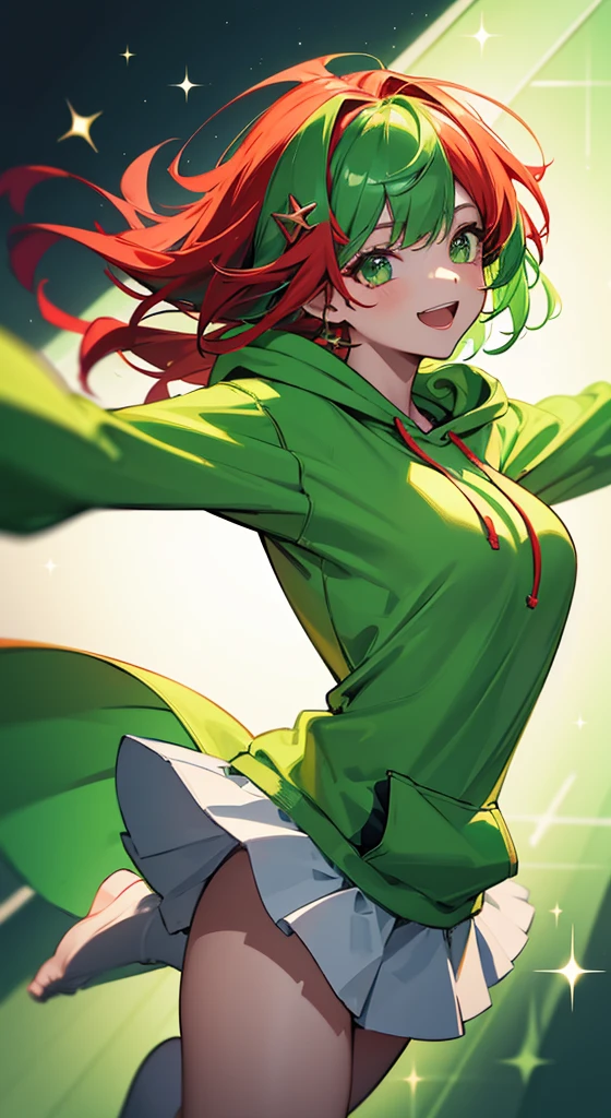 Cheerful girl、Light green hair, Red round hair clip, Jumping around, Light green clothes, Oversized hoodie、, cinematic lighting, sparkle, UHD, high details, highres, best quality, 8k