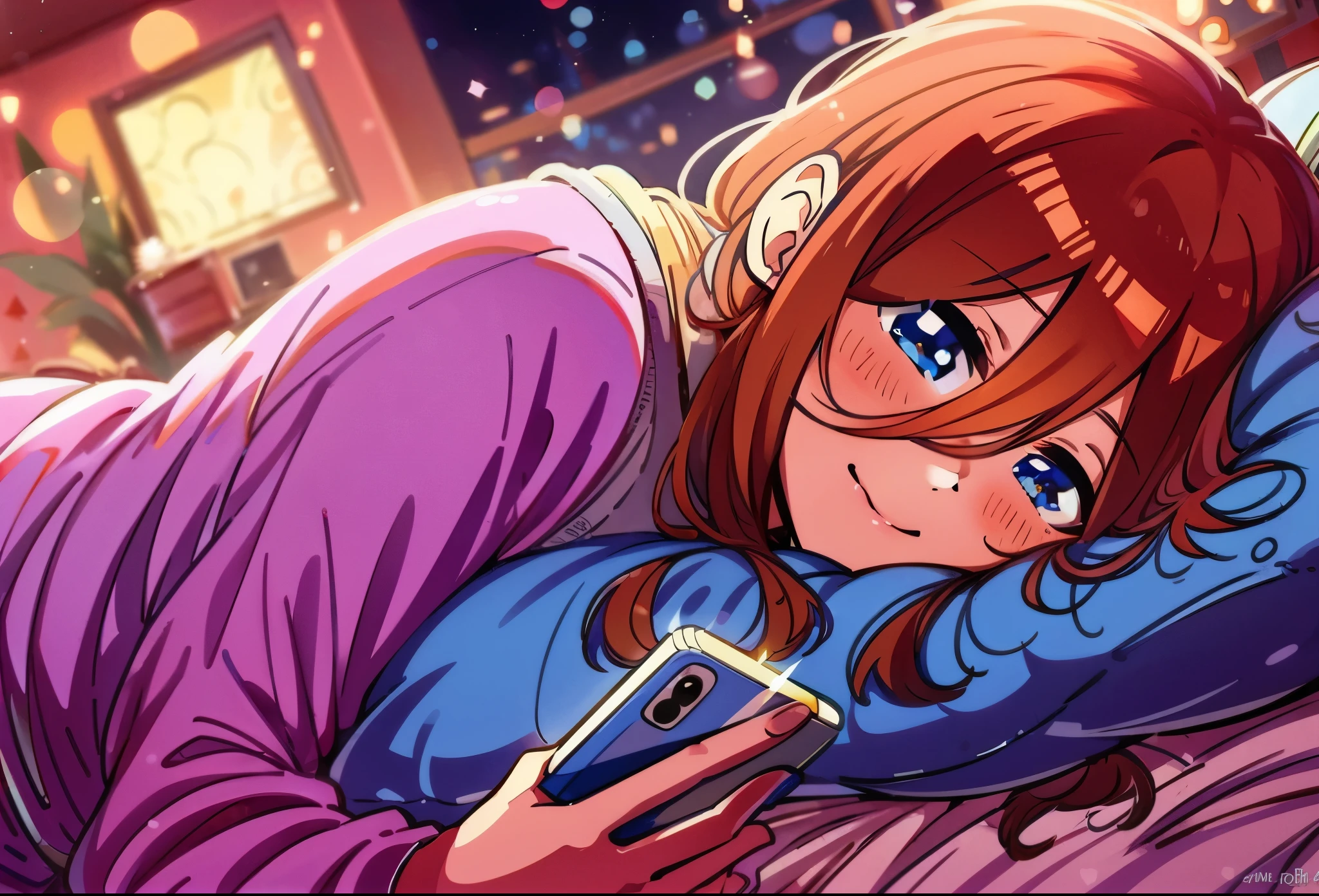 score_9, score_8_up, score_7_up, score_6_up, source anime,

[kumipnxl, nakano miku, mik nakano, nakano miku, brown hair, hair between eyes, tilted head, smiling, sweet, tender, happy, dim light, shadow, night, bedroom. Laying down in bed, on a pillow, holding her phone, reading on her phone

casual home outfits, casual cozy clothes, indoors, Sfw, s4K, 8K, dynamip picture,  casual, happy, bokeh, indoors 