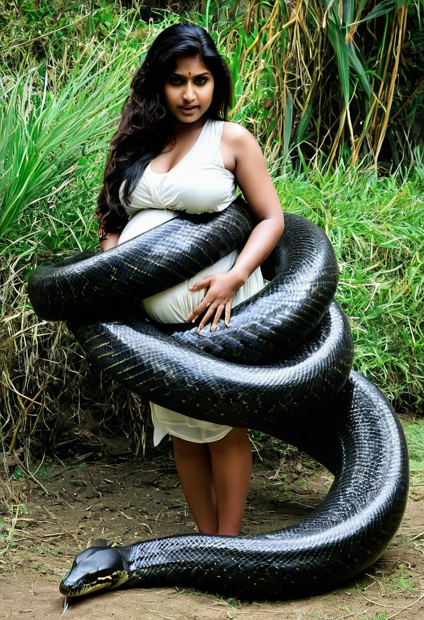 Pregnant Happy Horny, aroused 1girl), beautiful kneeling Indian   girl with  giant colossal black titanboa squeezing her hard, wrapped in thick spiraling coils, constricted, struggle, gasping for air, snake attack, snake peril, moonless night, dim light