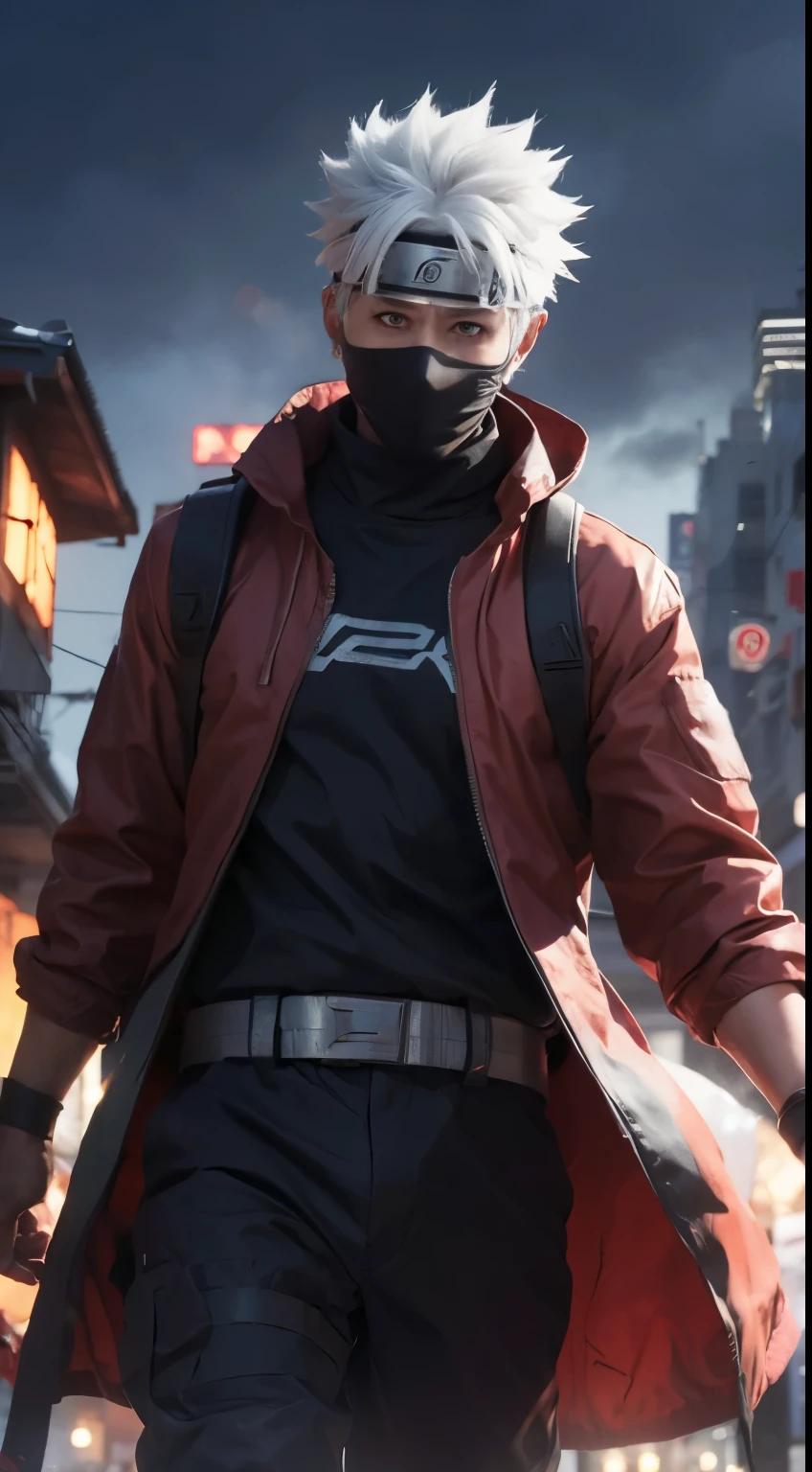 Hatake kakashi, Naruto shippuden, white hair, detailed eyes, red jacket, modern city background, cyberpunk light effect, ultra realistic, ultra detailed, best quality, masterpiece.