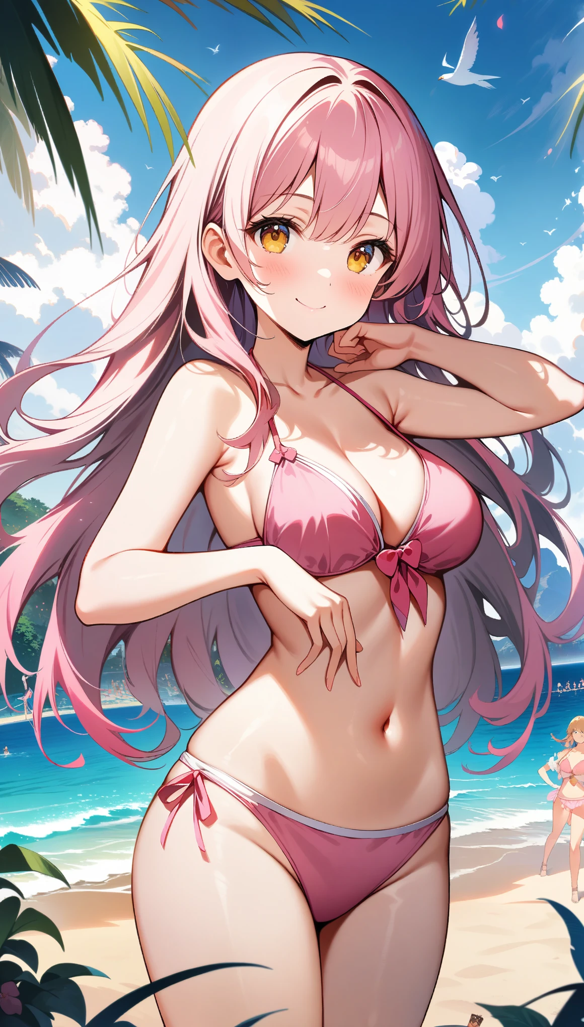 1 girl, long Hair, pink hair, yellow eyes, pink bikini, cute bikini, smile, A beach with lots of people, (((cute pose))), (cowboy shot), ((32K)), ((best quality)), ((ultra high res)), ((HDR)), ((uhd)), ((extremely detailed CG)), ((unity 32K wallpaper)), ((perfect anatomy)), ((illustratio)), 