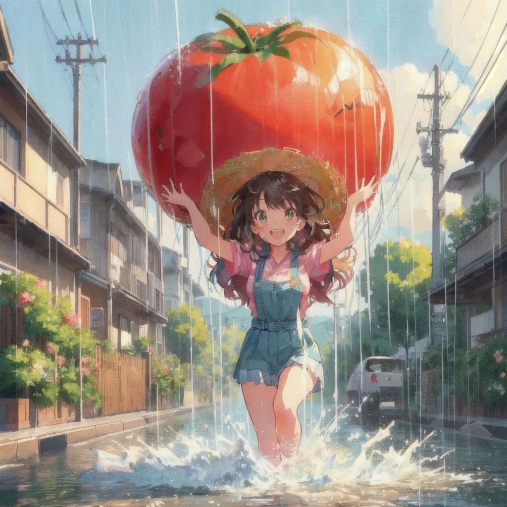 Anime girl holding giant tomato in the rain, Wearing a straw hat,smile,Tomato Monster, シリル・ロランドとGoro Fujita, Realistic Anime 3D Style, Kuvisiato, Great food illustrations, 80s anime style,Ghibli art style, 3D spectacular illustration, Japanese manga style, Goro Fujita, Makoto Shinkai Cyril Rolland, Anime 3D Art