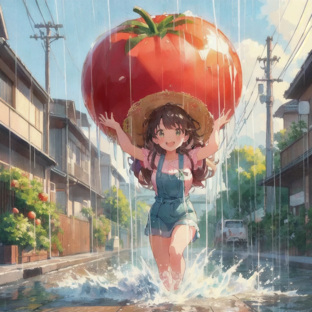 Anime girl holding giant tomato in the rain, Wearing a straw hat,smile,Tomato Monster, シリル・ロランドとGoro Fujita, Realistic Anime 3D Style, Kuvisiato, Great food illustrations, 80s anime style,Ghibli art style, 3D spectacular illustration, Japanese manga style, Goro Fujita, Makoto Shinkai Cyril Rolland, Anime 3D Art