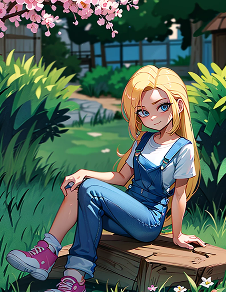 beautiful girl, long light yellow hair, Horse tail, blue eyes, White shirt, with blue overalls, pink tennis shoes, sitting, sitting al aire libre, in the countryside, happy, expresión happy, good body,