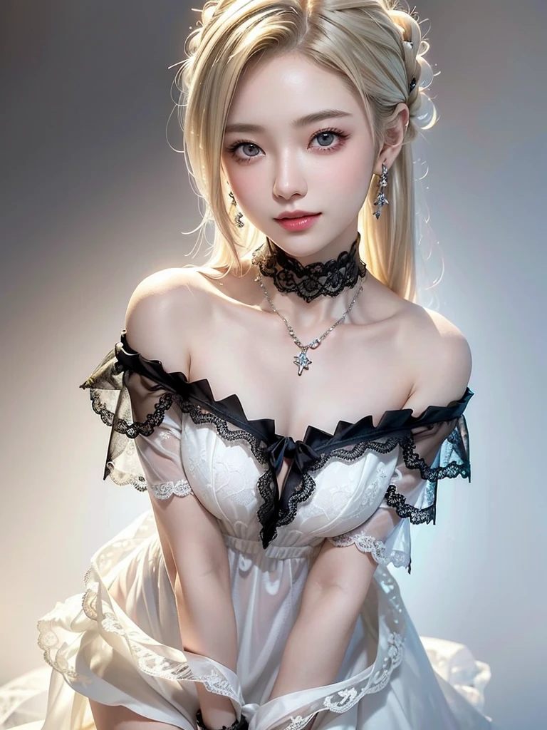 8k,Confused, High resolution, Very detailed, 1 girl, alone, Very beautiful eyes, Ultra-precise depiction, Artistic、Very detailed depiction, (Tangled:1.2), , (White high key background:1.5), (((Black lace off-shoulder dress 1.5))), 、 Tie your hair up、Earrings and Necklaces、Platinum Blonde Hair, (Glowing Skin), Many colors, , (Shooting from above:1.2),、Flat Body、slim、cute、、Round face、Cast a Shadow、、Smile 1.3