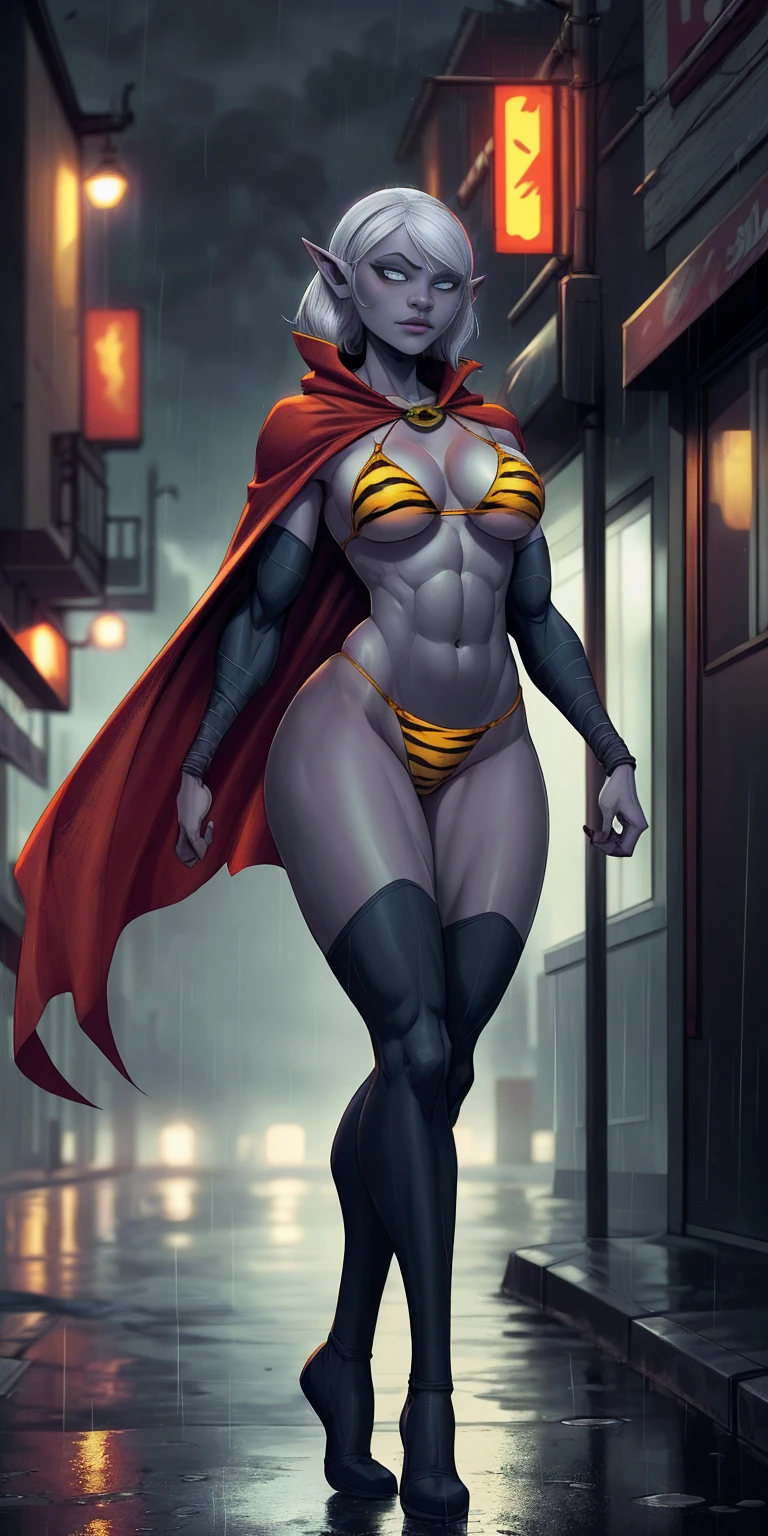 Drow Elf in Urban Setting: A female Drow Elf with a strong, athletic body wearing a yellow tiger bikini and red cape, standing in a rainy street. The image should have a cinematic, atmospheric feel with high-quality details.