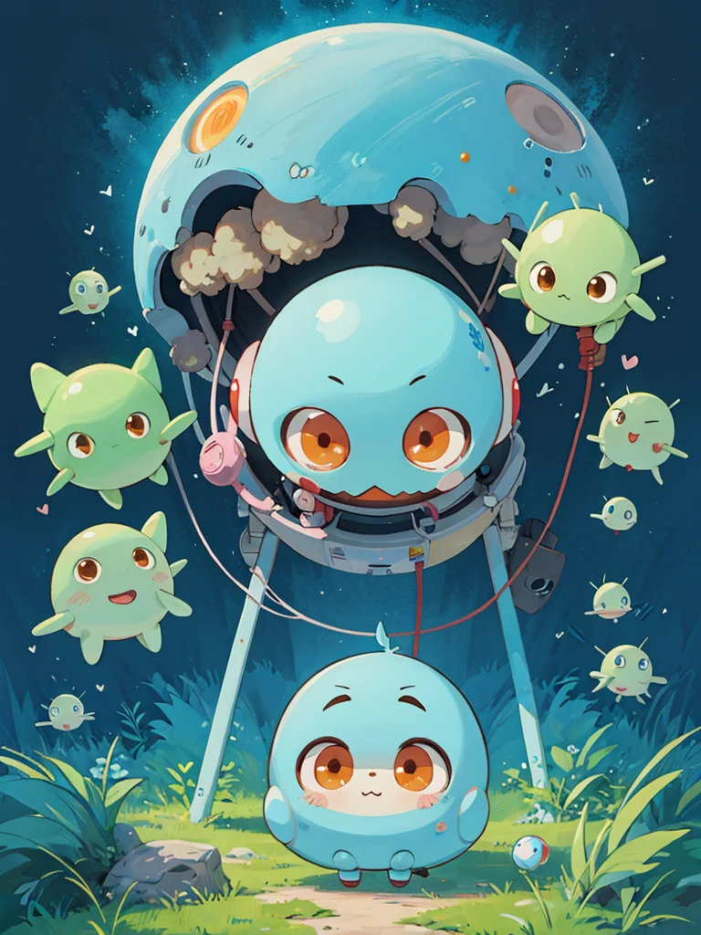 hayao miyazaki style, Kawaii Design, (((Cute humanoid alien))) , ((war))), (((No people))), Mars
