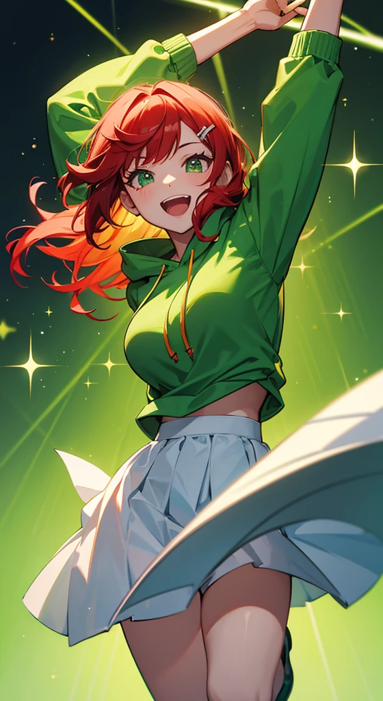 Cheerful girl、Light green hair, Red round hair clip, Jumping around, Light green clothes, Oversized hoodie、, cinematic lighting, sparkle, UHD, high details, highres, best quality, 8k
