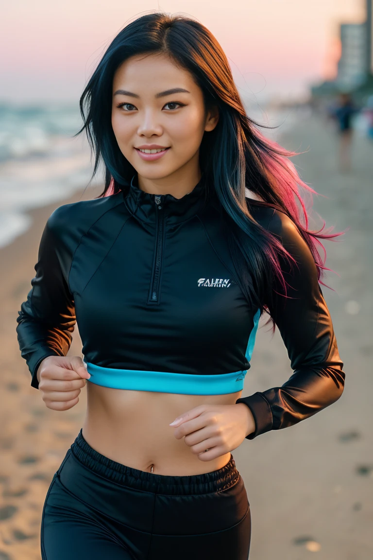arafed woman with long black hair with blue highlights jogging on the beach, flowing long black hair with deep blue high lights, with black hair and blue high lights, photo of a beautiful woman, long flowing black hair, pink golden hour, curly pink hair, beautiful young asian woman, beautiful asian woman, wild ginger hair, pink wispy hair, light pink hair, a young asian woman, an asian woman, infp young woman, full body photo of a 24-year-old french girl in RAW UHD format (Black-eyed woman) run down the beach, Details (textures! , Hair! , glistering, Color!! , imperfections: 1.1), highly detailed glossy eyes (looking at the camera), DSLR Lighting, SLR camera, Ultra-Quality, sharpness, Depth of field, Film grain (Downtown), Fujifilm XT3, Crystal clear, Frame Center, beatiful face, sharp-focus, , neon lighting, bokeh (lit), day time, (open sky), detailed skin pores, oilly skin, suntan, Complex eye details, (smiling), ((long distance)), ((full body)), ((jogging clothes)), (beautiful elegant hands:1.2) (good hands),