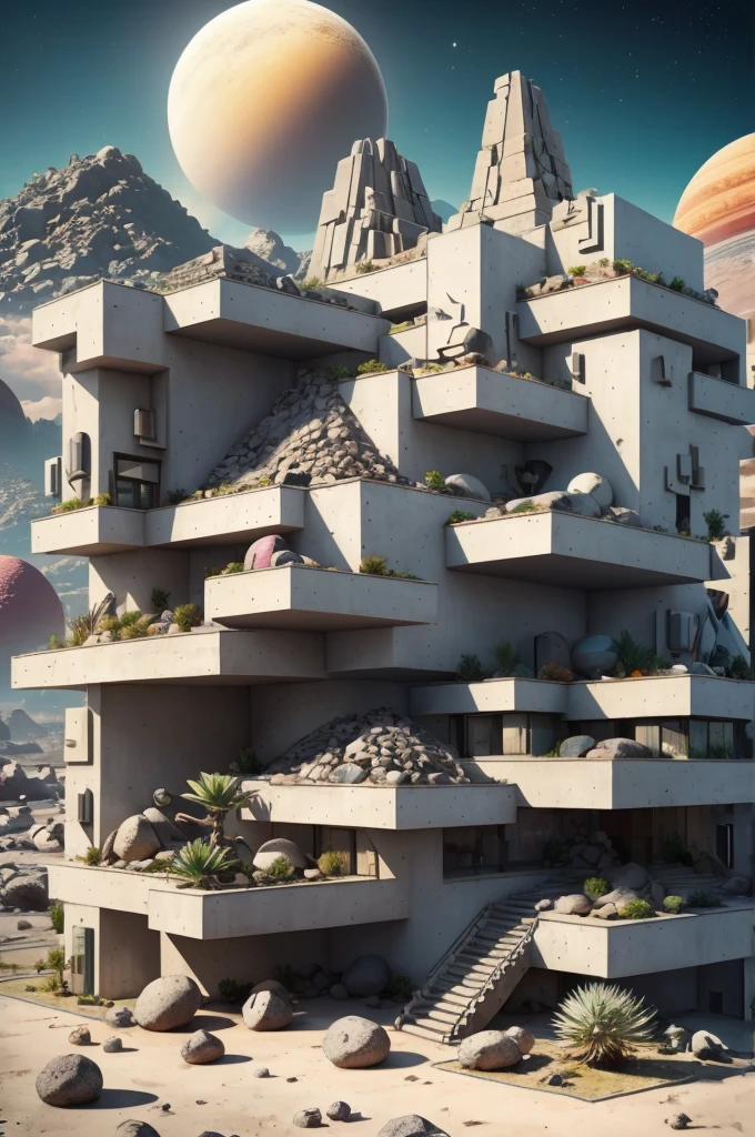 An illustration in collage style, with giant boulders, brutalist building sections, stairs, cacti, agave, concrete texture, multiple geometric shapes, hatch and cross hatching, planet saturn, volcano, moon, Luis Barragán's architectural style build